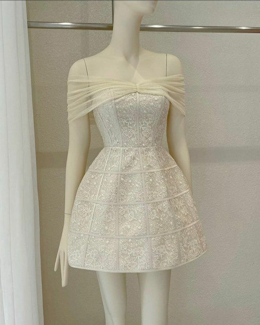 Pretty A Line Off The Shoulder Satin Lace Short Homecoming Dress 19th Birthday Outfits C5688