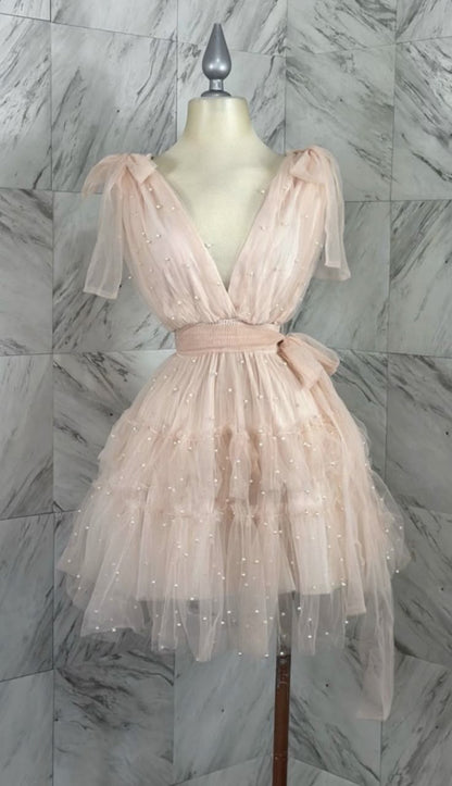 Sweet A Line V Neck Tulle Beads Short Homecoming Dress 16th Birthday Outfits C5689