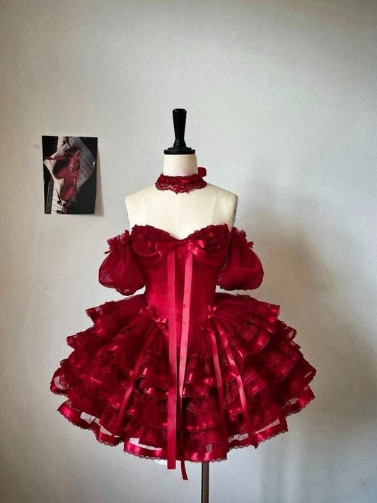 Vintage Ball Gown Red Off The Shoulder Layer Satin Lace Short Homecoming Dress 16th Birthday Outfits C5690