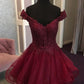 Burgundy Ball Gown Off The Shoulder Tulle Lace Sequin Short Homecoming Dress 19th Birthday Outfits C5694