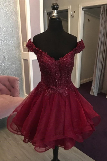 Burgundy Ball Gown Off The Shoulder Tulle Lace Sequin Short Homecoming Dress 19th Birthday Outfits C5694