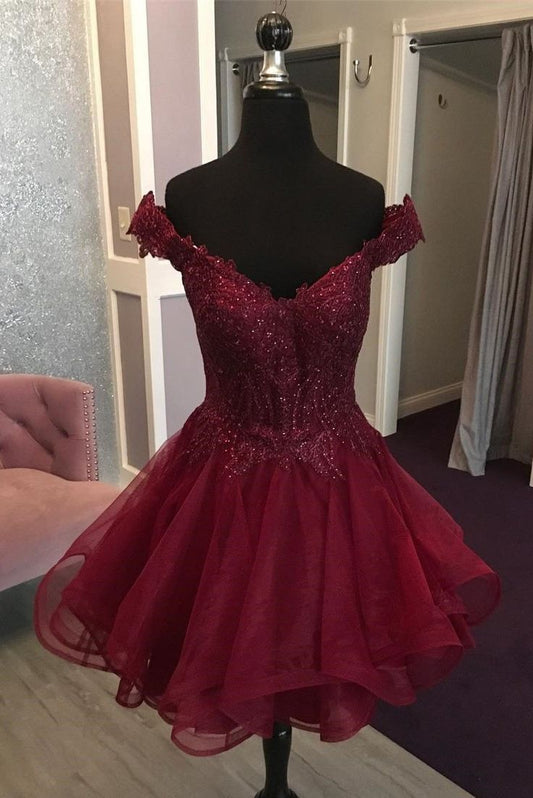 Burgundy Ball Gown Off The Shoulder Tulle Lace Sequin Short Homecoming Dress 19th Birthday Outfits C5694