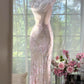 Superbe robe de bal sirène longue à bretelles spaghetti en mousseline imprimée avec appliques C5698