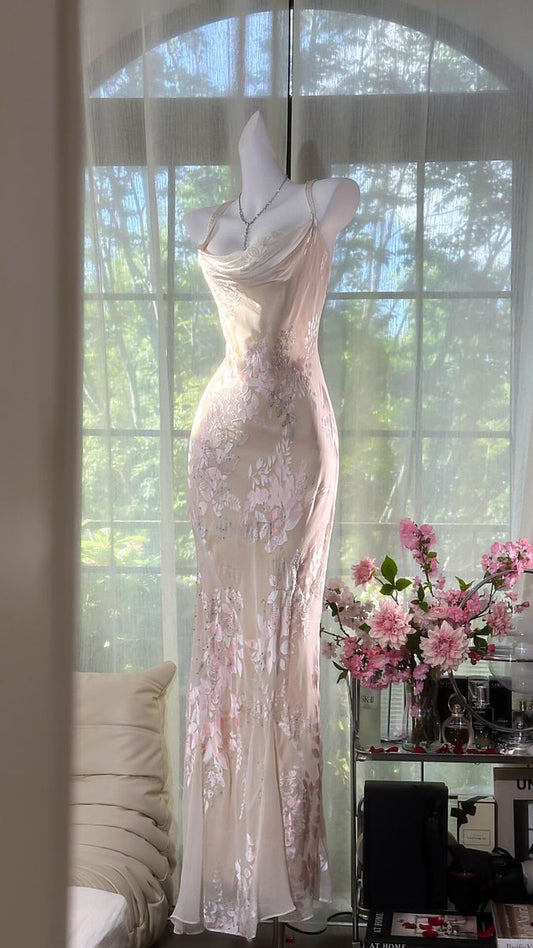 Superbe robe de bal sirène longue à bretelles spaghetti en mousseline imprimée avec appliques C5698