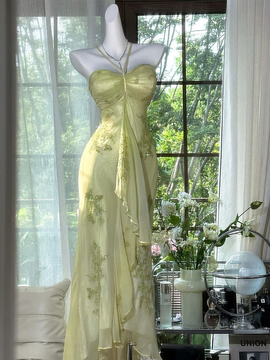 Robe de bal longue en mousseline de soie, jolie robe sirène dos nu, perles, C5699