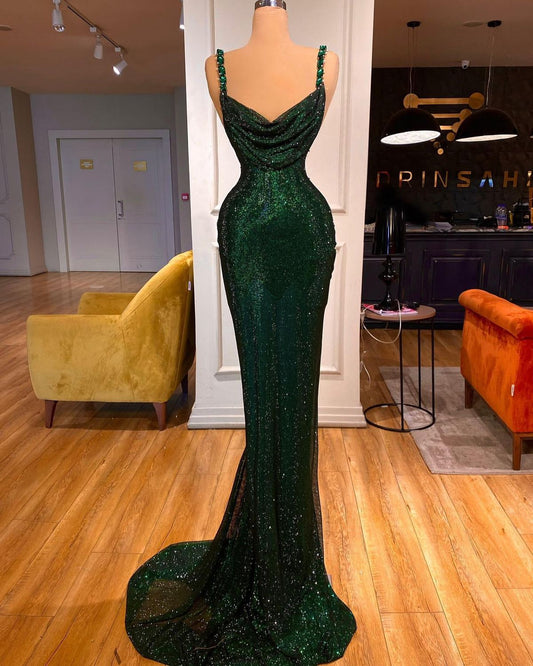 Robe de bal longue à paillettes et bretelles spaghetti, style sirène, brillante, C5700