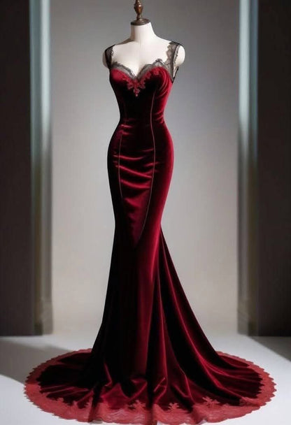 Robe de bal longue en velours bordeaux, sexy, décolleté en cœur, en dentelle, style sirène, C5701