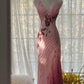 Robe de bal longue sirène à bretelles spaghetti en mousseline de soie et perles, robe de soirée C5706