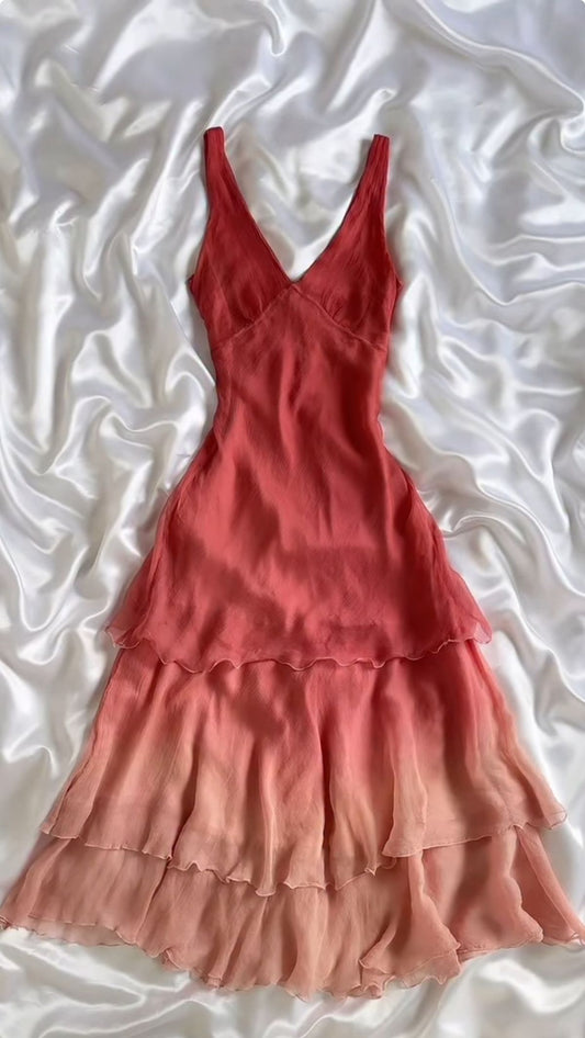 Robe de bal longue en mousseline de soie, jolie robe de soirée à col en V et dégradé, C5711