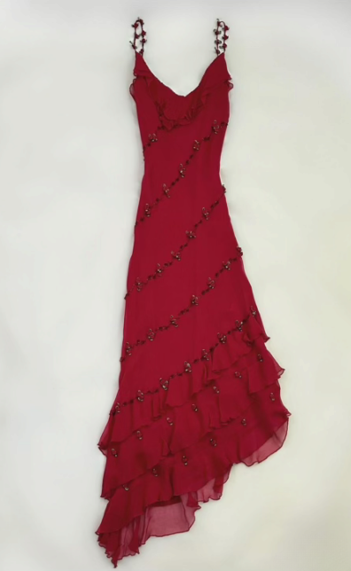 Robe de bal longue en mousseline de soie bordeaux, coupe trapèze, bretelles spaghetti, perles, C5712