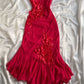 Robe de bal longue rouge à bretelles spaghetti et appliques en mousseline de soie, coupe trapèze, C5713