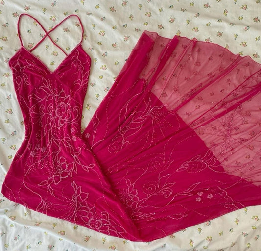 Robe de bal longue en satin et tulle brodé, coupe trapèze, bretelles spaghetti, C5714