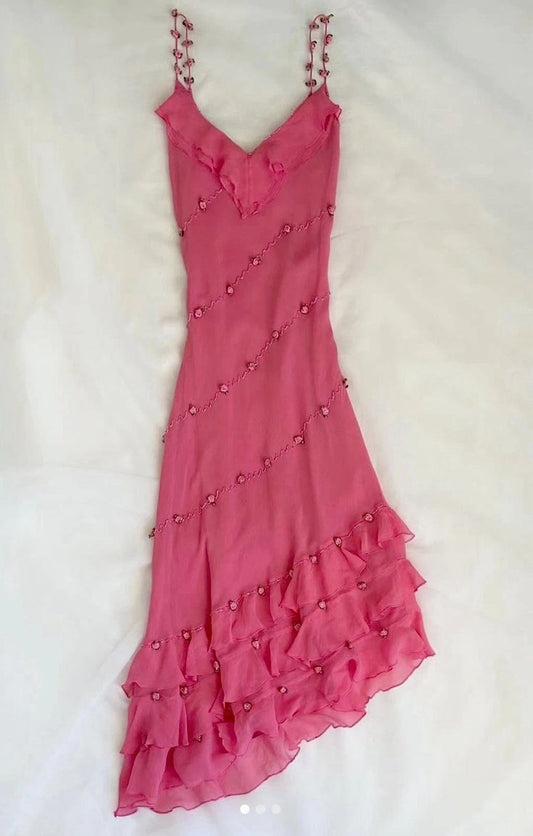 Robe de bal longue en mousseline de soie à bretelles spaghetti et coupe trapèze C5715
