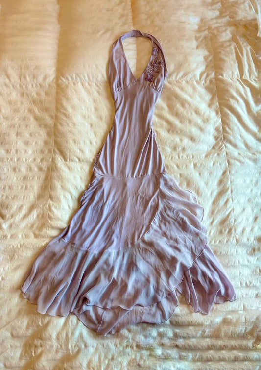 Robe de bal longue en satin et mousseline de soie, coupe A-line, décolleté en V, avec appliques, C5716
