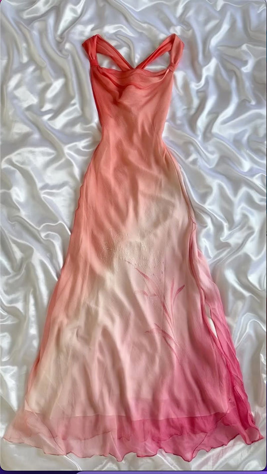 Robe de bal longue en mousseline de soie dégradée, coupe trapèze, C5717
