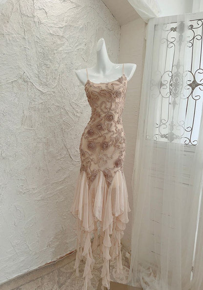Romatic Mermaid Spaghetti Straps Lace With Chiffon Ruffle Hem Short Homecoming Dress 22th Birthday Outfits C5718