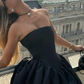 Robe de bal princesse 19e, sans bretelles, courte, en satin noir, tenue de soirée, d'anniversaire, C5721