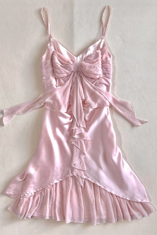 Cute A line Spaghetti Straps Pink Satin Chiffon Bow Ruffle Short Homecoming Dress 17th Birthday Outfits C5724