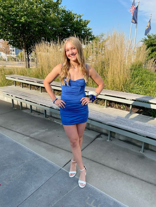 Mermaid Royal Blue Spaghetti Straps Satin Short Homecoming Dress 19th Birthday Outfits C5726