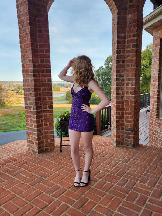 Dark Purple Mermaid Spaghetti Straps Satin Sequin Short Homecoming Dress 21th Birthday Outfits C5727