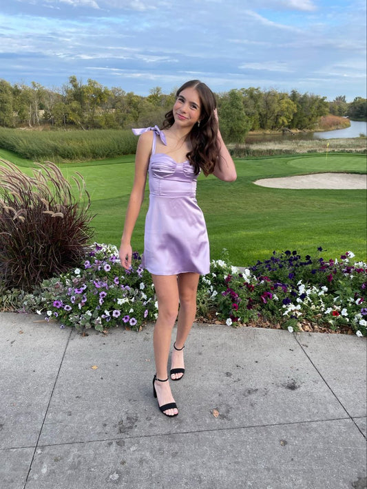 Simple Lilac A Line Spaghetti Straps Satin Short Homecoming Dress 18th Birthday Outfits C5728