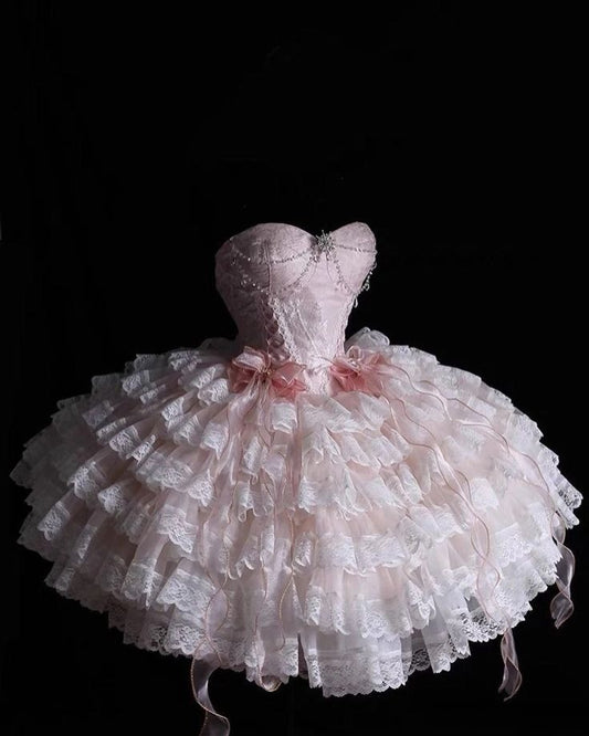 Princess Pink Ball Gown Sweetheart Lace Short Homecoming Dress 16th Birthday Outfits C5731