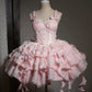 Jolie robe de bal rose à bretelles spaghetti, en satin, à volants et en dentelle, tenue de soirée courte pour 17e anniversaire, C5732