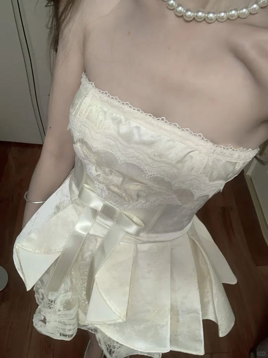 Cute A Line Strapless Satin Lace Short Homecoming Dress 19th Birthday Outfits C5738