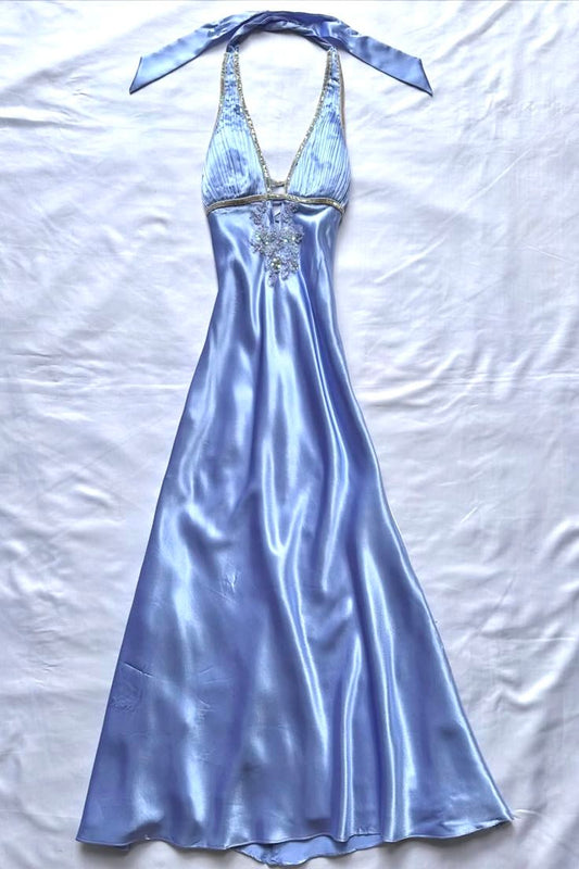 Modest A Line Halter Satin Beads Long Prom Dresses Formal Dress C5742