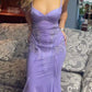 Robe de bal longue en satin lilas à bretelles spaghetti et décolleté en V profond et sexy C5743