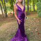 Robe de bal longue plissée en satin violet foncé, col en V, style sirène sexy, C5744