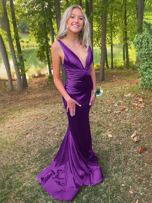 Sexy Mermaid Dark Purple V Neck Satin Pleated Long Prom Dresses Formal Dress C5744