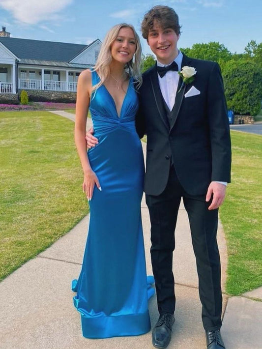 Charming Mermaid V Neck Satin Pleated Long Prom Dresses Formal Dress C5745
