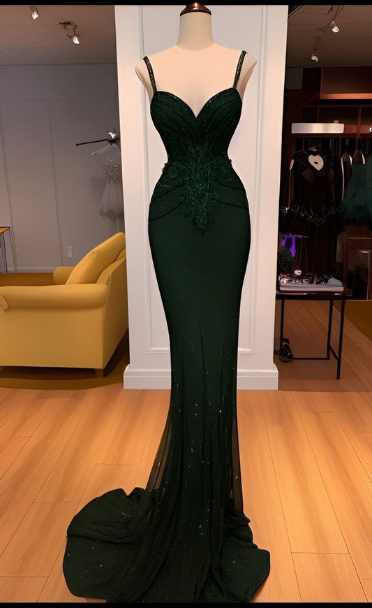 Pretty Mermaid Spaghetti Straps Satin Tulle Sequin Long Prom Dresses Formal Dress C5747