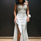 Superbe robe de bal sirène bustier en satin plissé et perles, longue et fendue, robe de soirée C5748