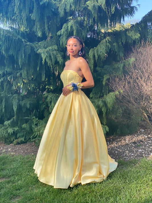 Pretty A Line Strapless Pastel Yellow Satin Long Prom Dresses Formal Dress C5749