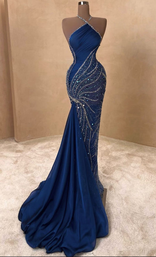 Robe de bal longue en satin à paillettes et col licou, style sirène, perles, C5750