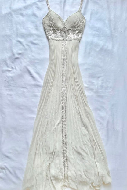 Robe de bal longue en mousseline de soie à bretelles spaghetti et coupe trapèze C5754