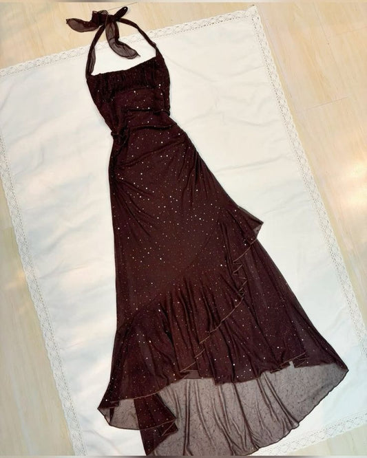 Robe de bal longue en mousseline de soie brillante, coupe licou, paillettes, robe de soirée C5759