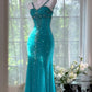 Robe de bal longue en mousseline de soie, sexy, à paillettes, style sirène, bretelles spaghetti, perles, C5760