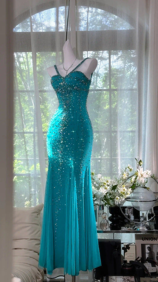 Robe de bal longue en mousseline de soie, sexy, à paillettes, style sirène, bretelles spaghetti, perles, C5760