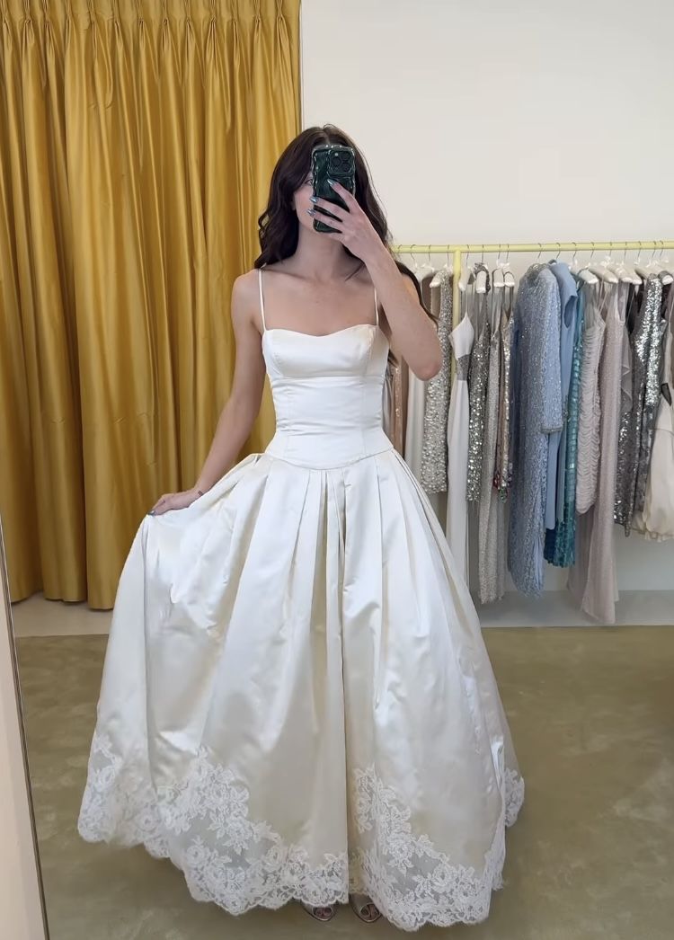 Pretty A Line Spaghetti Straps Stain Lace Long Prom Dresses Formal Dress C5762