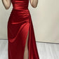 Robe de bal élégante bordeaux sirène à épaules dénudées et fente en satin, longue, robe de soirée C5765