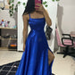Robe de bal longue en satin bleu royal, élégante, coupe trapèze, bretelles spaghetti, fente latérale, C5767