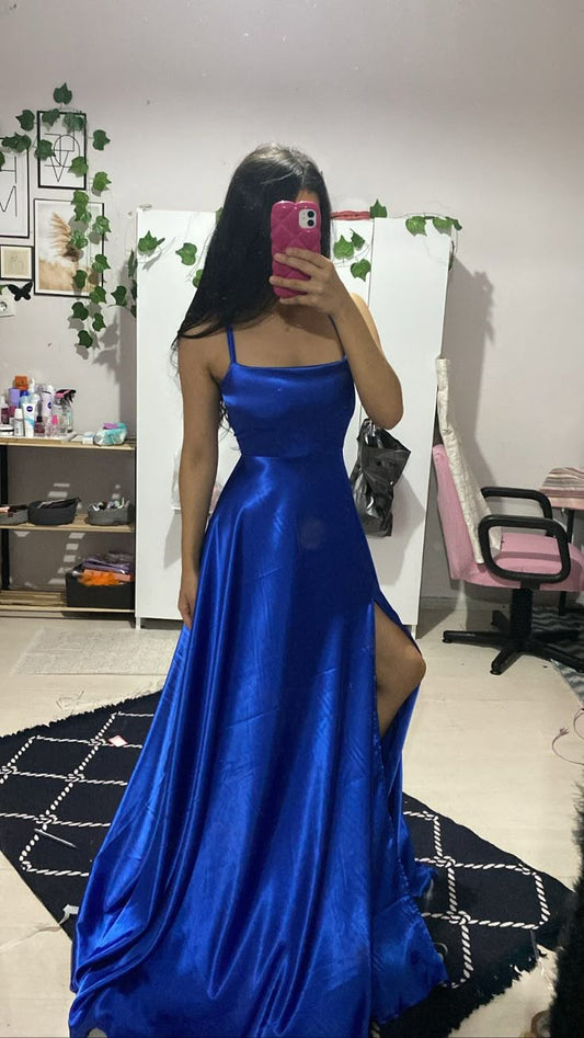 Robe de bal longue en satin bleu royal, élégante, coupe trapèze, bretelles spaghetti, fente latérale, C5767