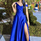 Robe de bal longue en satin bleu roi, coupe trapèze, épaules dénudées, fendue, élégante, C5768