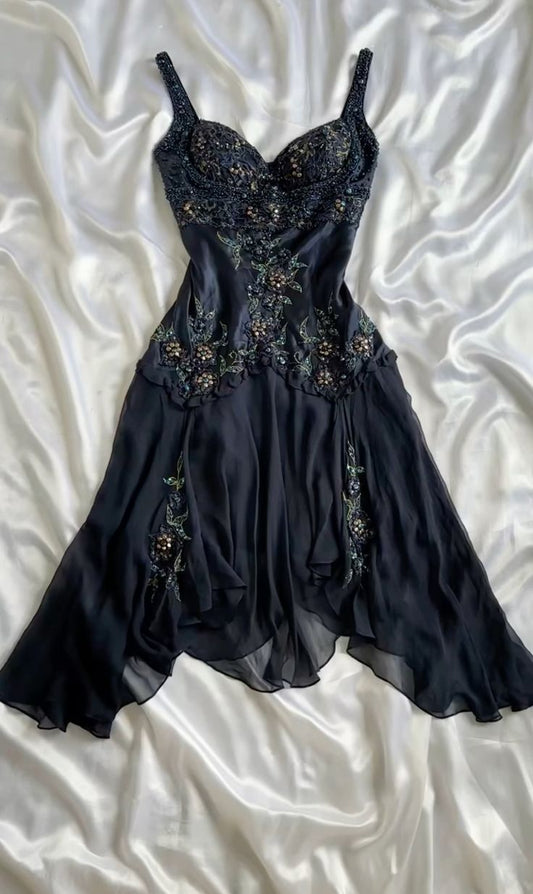 Vintage A Line Spaghetti Straps Satin Chiffon Beads Applique Short Homecoming Dress 22th Birthday Outfits C5777