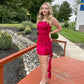 Sheath Burgundy Mermaid Strapless Satin Short Homecoming Dress 21th Birthday Outfits C5778