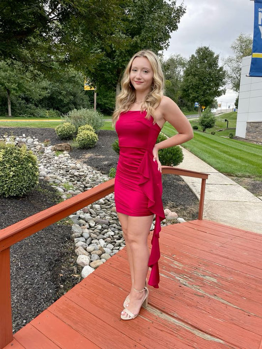 Sheath Burgundy Mermaid Strapless Satin Short Homecoming Dress 21th Birthday Outfits C5778