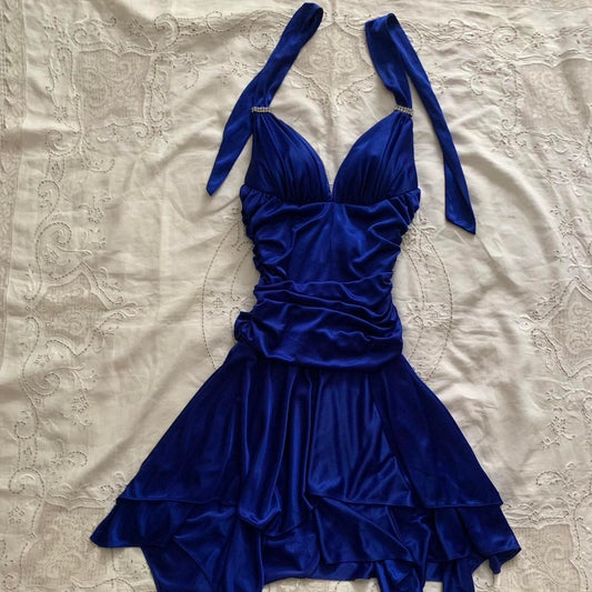 Unique A Line Royal Blue Halter Satin Short Homecoming Dress 20th Birthday Outfits C5800